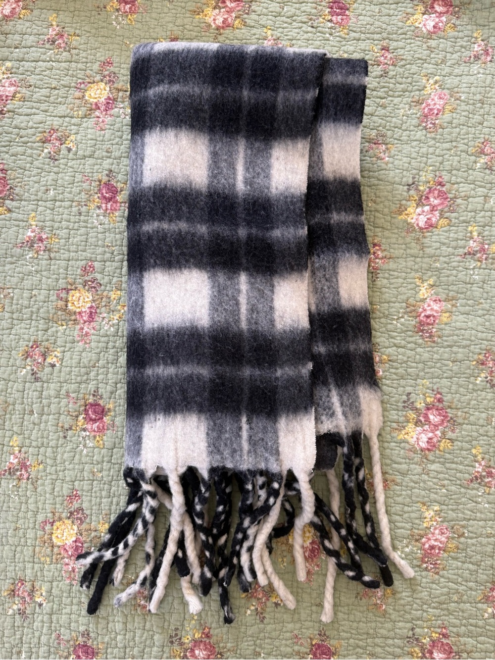 AllSaints Black and White Wool Plaid Fringe Scarf